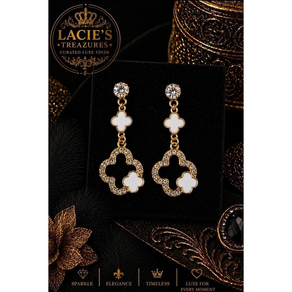 Gold Tone White Clover Drop Earrings | Glam Luxe Rhinestone Dangle Earrings